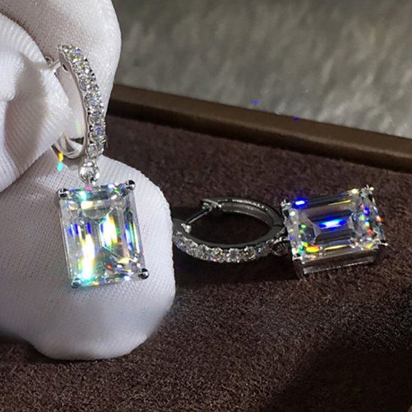 NEW Radiant Cut Diamond Drop Huggie Hoop Earrings - Picture 2 of 3